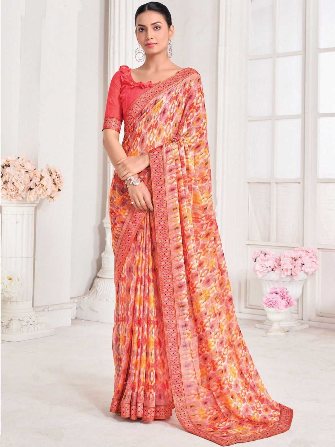 

Mitera Abstract Printed Saree With Unstitched Blouse Piece, Peach