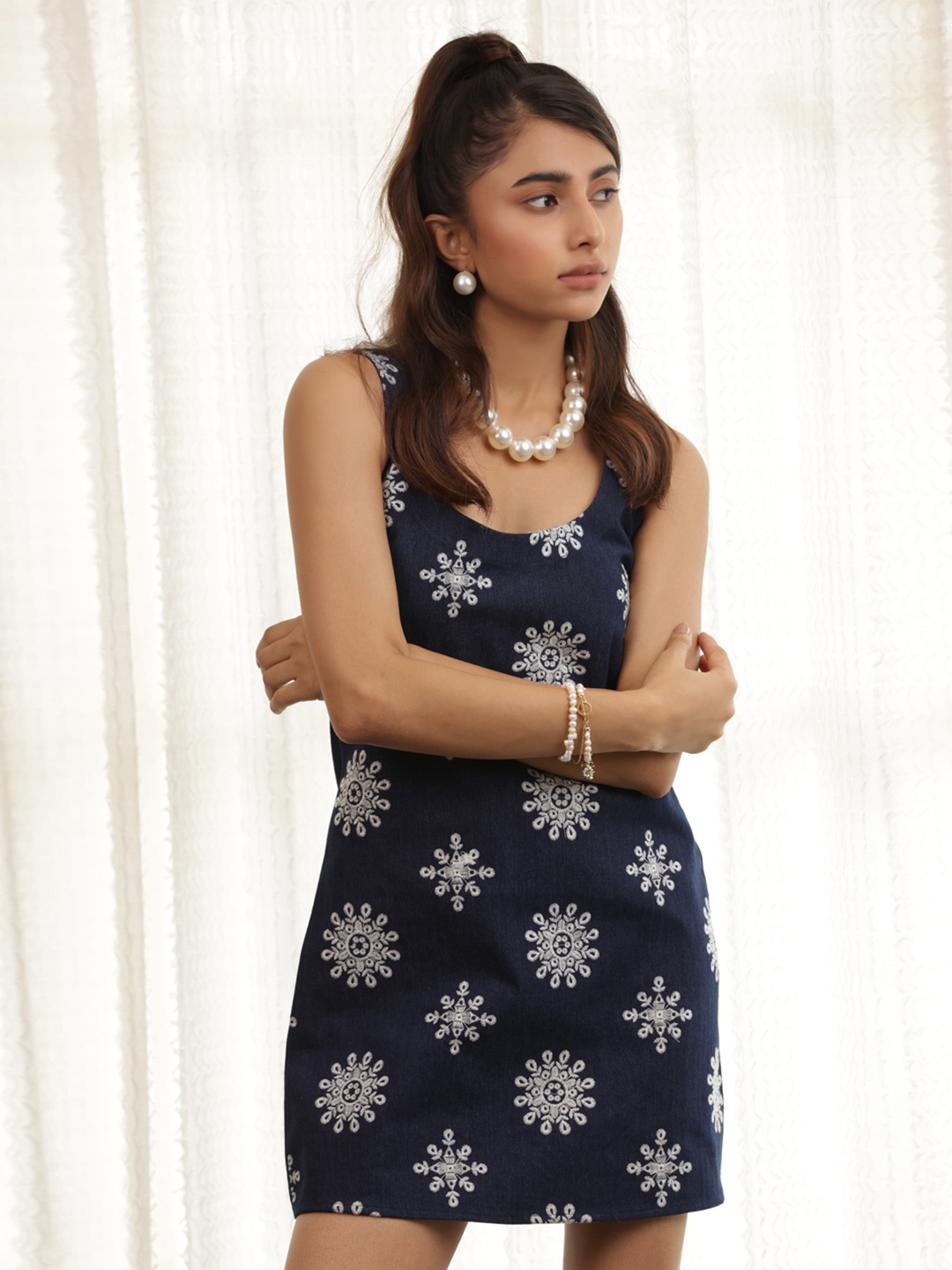 

Tasya India Women Embroidered Cotton Denim Sheath Dress, Navy blue