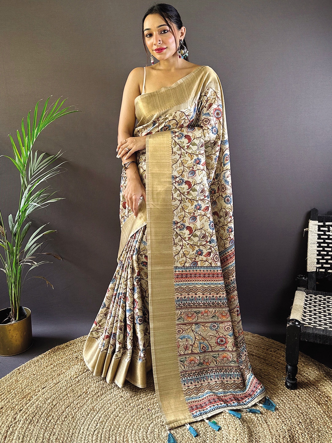 

Mitera Floral Printed Saree with Woven Design Border, Beige