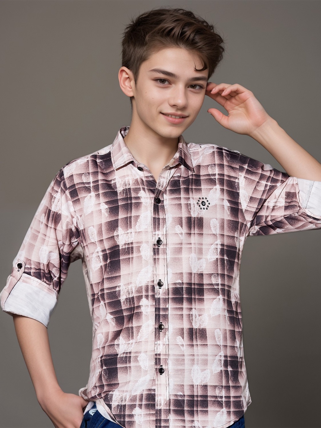 

MashUp Boys Tartan Checks Opaque Printed Casual Shirt, Brown