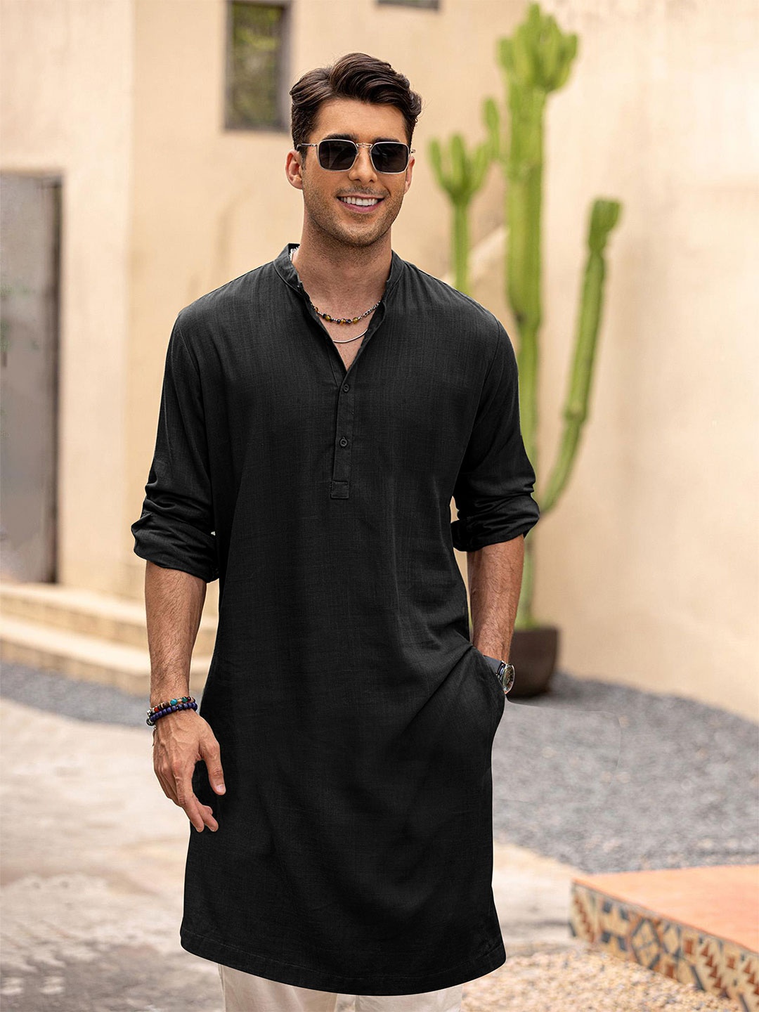 

Anouk Men Solid Long Kurta, Black