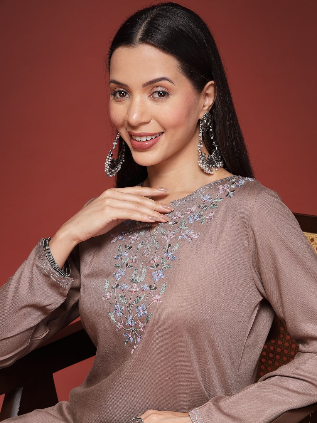 

Nayam By Lakshita Floral Embroidered Kurta With Palazzos, Khaki