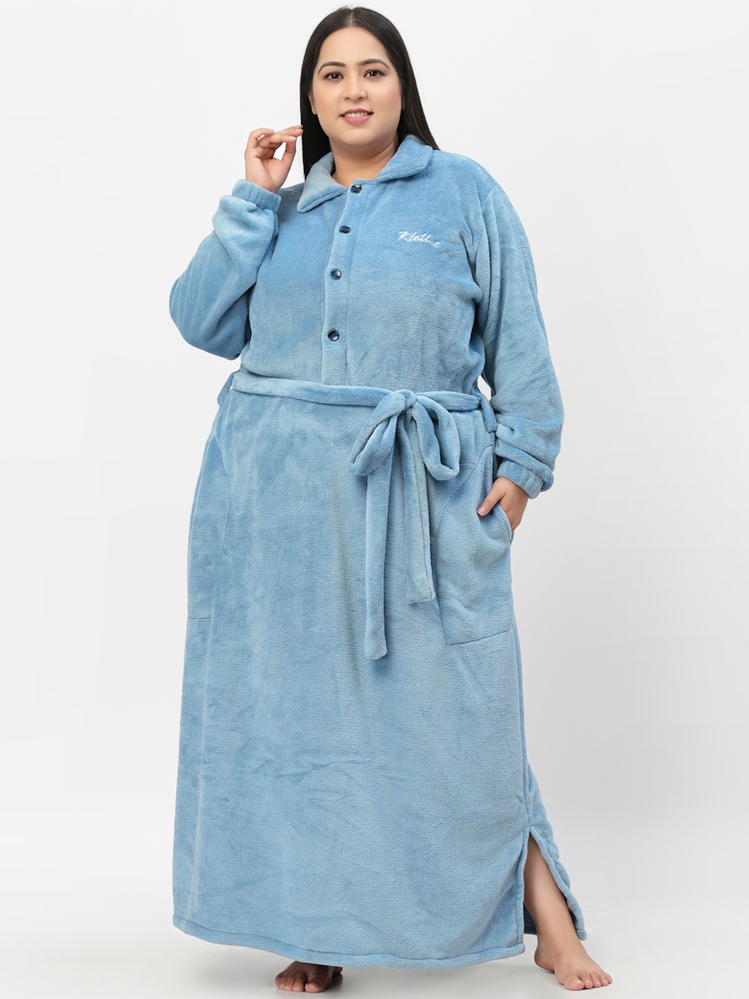 

KLOTTHE Plus Size Long Sleeve Woolen Bath Robe With Belt, Blue