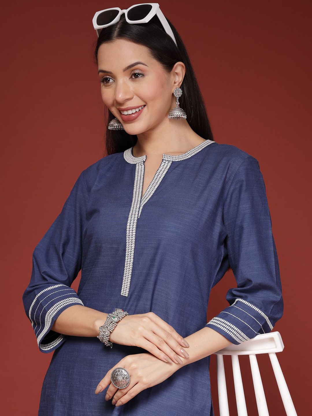 

Nayam By Lakshita Yoke Design Mandarin Collar A-Line Kurta With Trousers, Blue