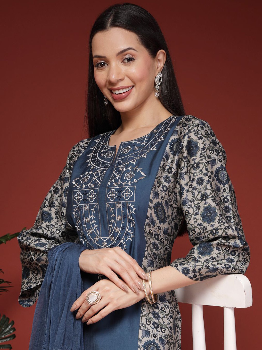 

Nayam By Lakshita Floral Printed Kurta With Trousers & Dupatta, Blue
