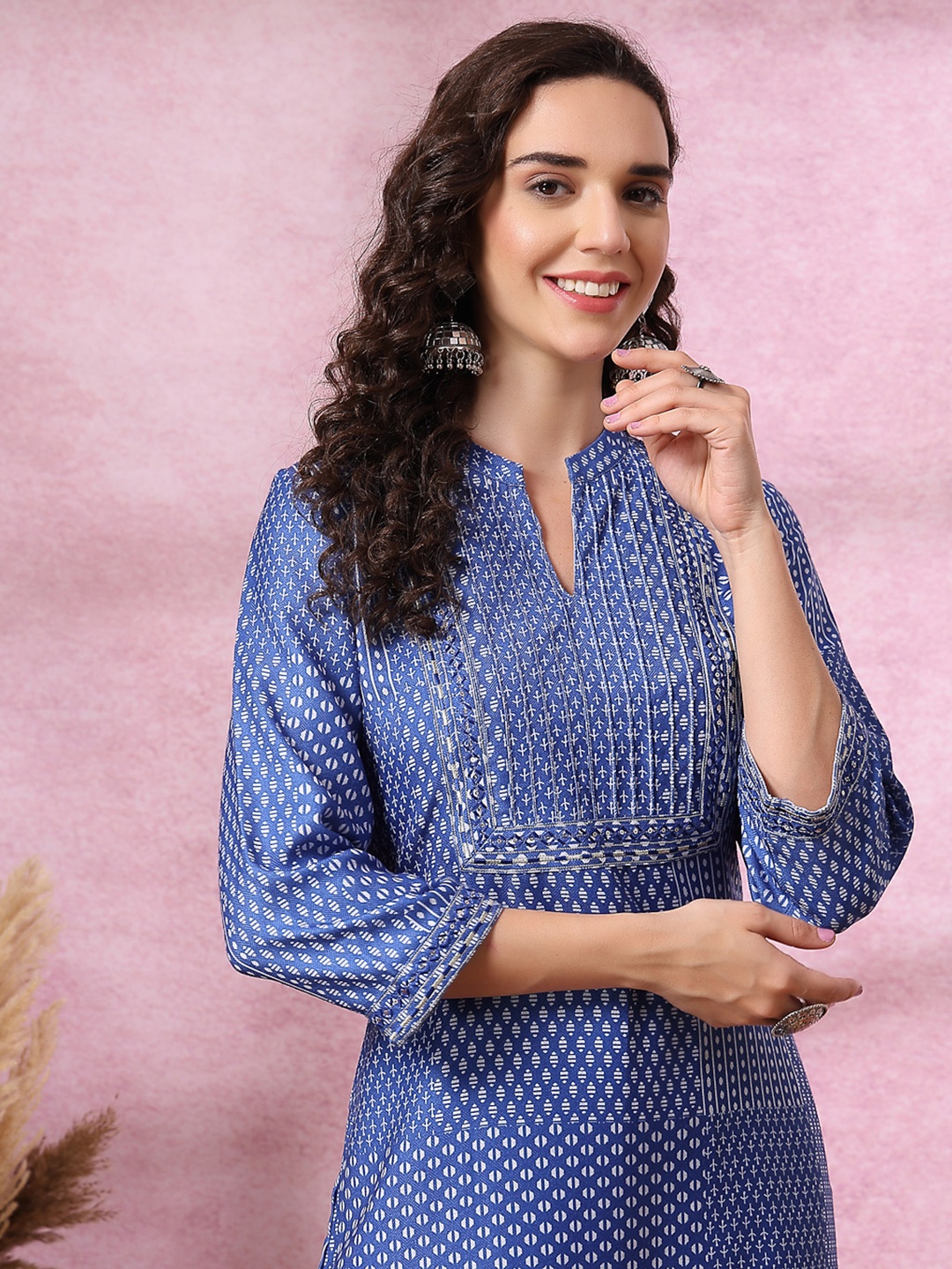 

Nayam By Lakshita Geometric Printed Thread Work Kurta with Trouser, Blue