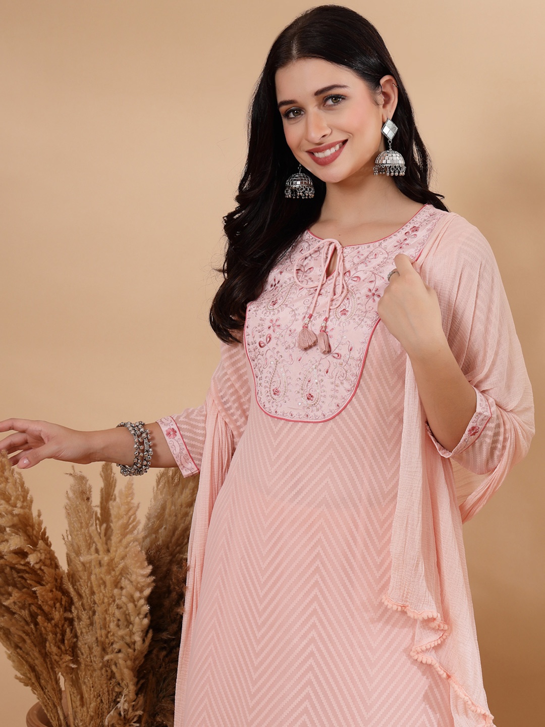 

Nayam By Lakshita Embroidered Sequinned Georgette A-Line Kurta with Trouser & Dupatta, Pink