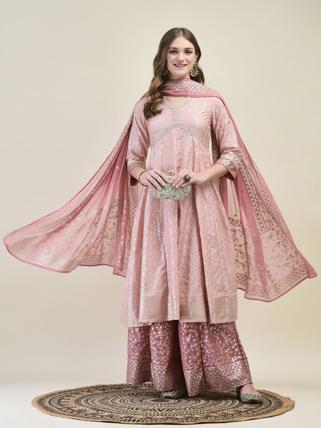 

Shree Women Floral Embroidered Panelled Thread Work Liva Kurta with Sharara & With Dupatta, Pink