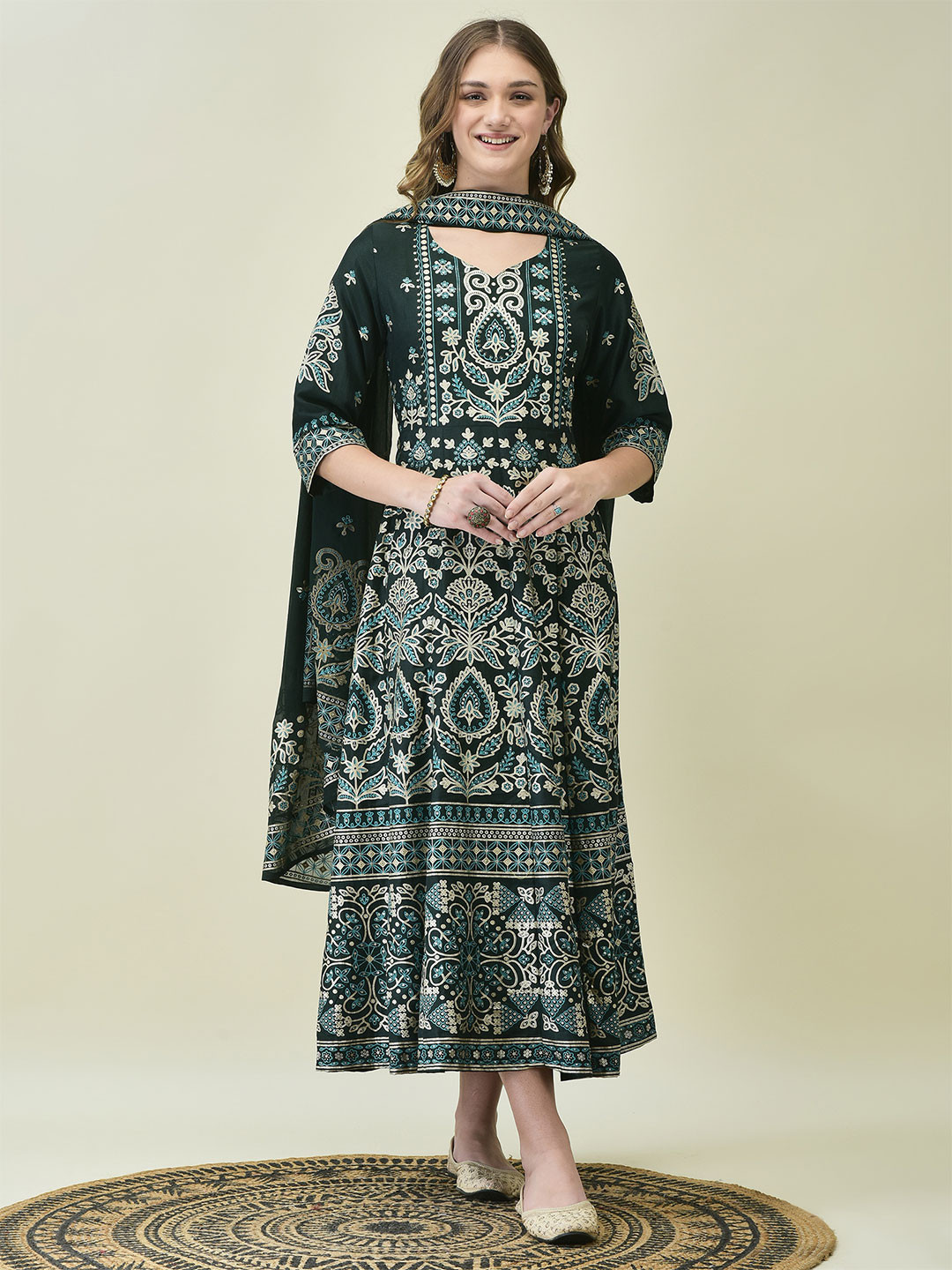 

Shree Women Ethnic Motifs Printed Fit & Flare Maxi Ethnic Dresses With Dupatta, Green