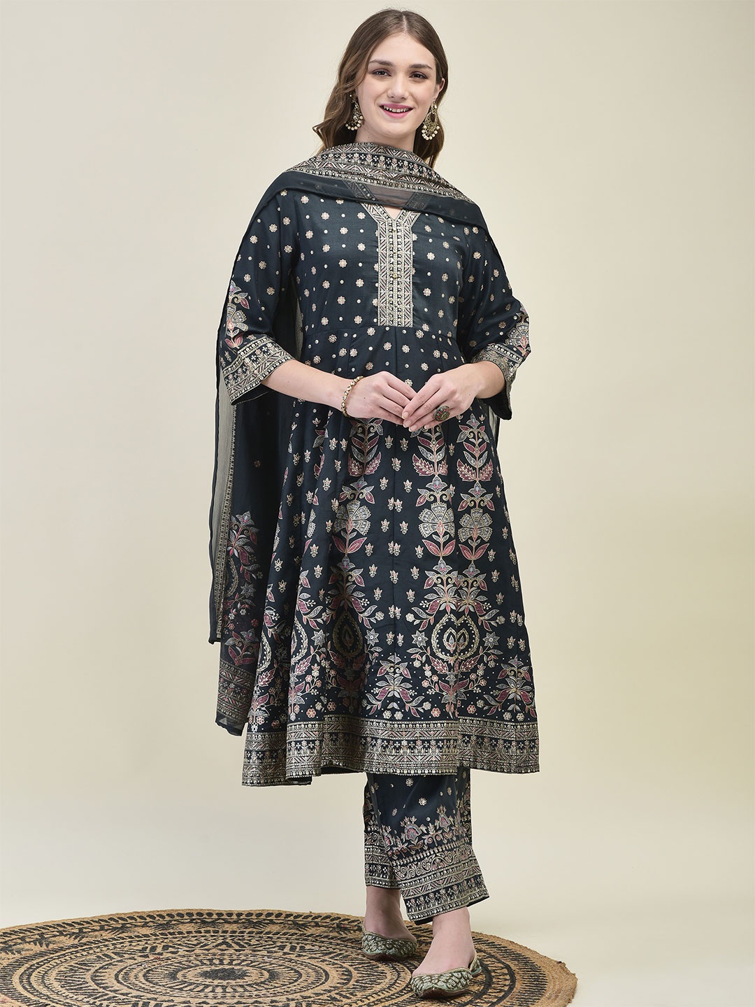 

Shree Women Ethnic Motifs Printed Panelled Liva Kurta with Trousers & With Dupatta, Grey