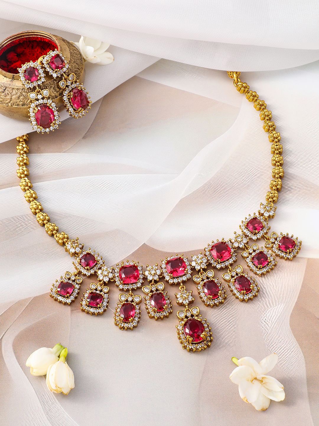 

Rubans 22K Gold-Plated Ruby Red Stone & Sparkling Cubic Zirconia Studded Necklace Set