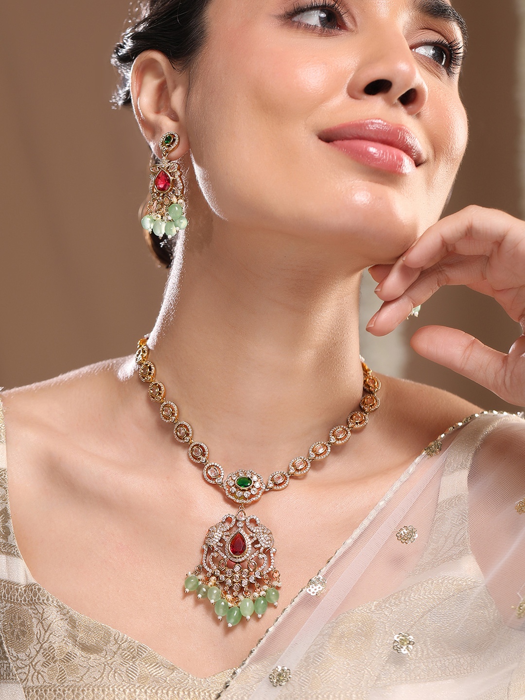 

Rubans 22K Gold-Plated Ruby, Emerald, Kundan, CZ Studded & Mint Green Beaded Necklace Set