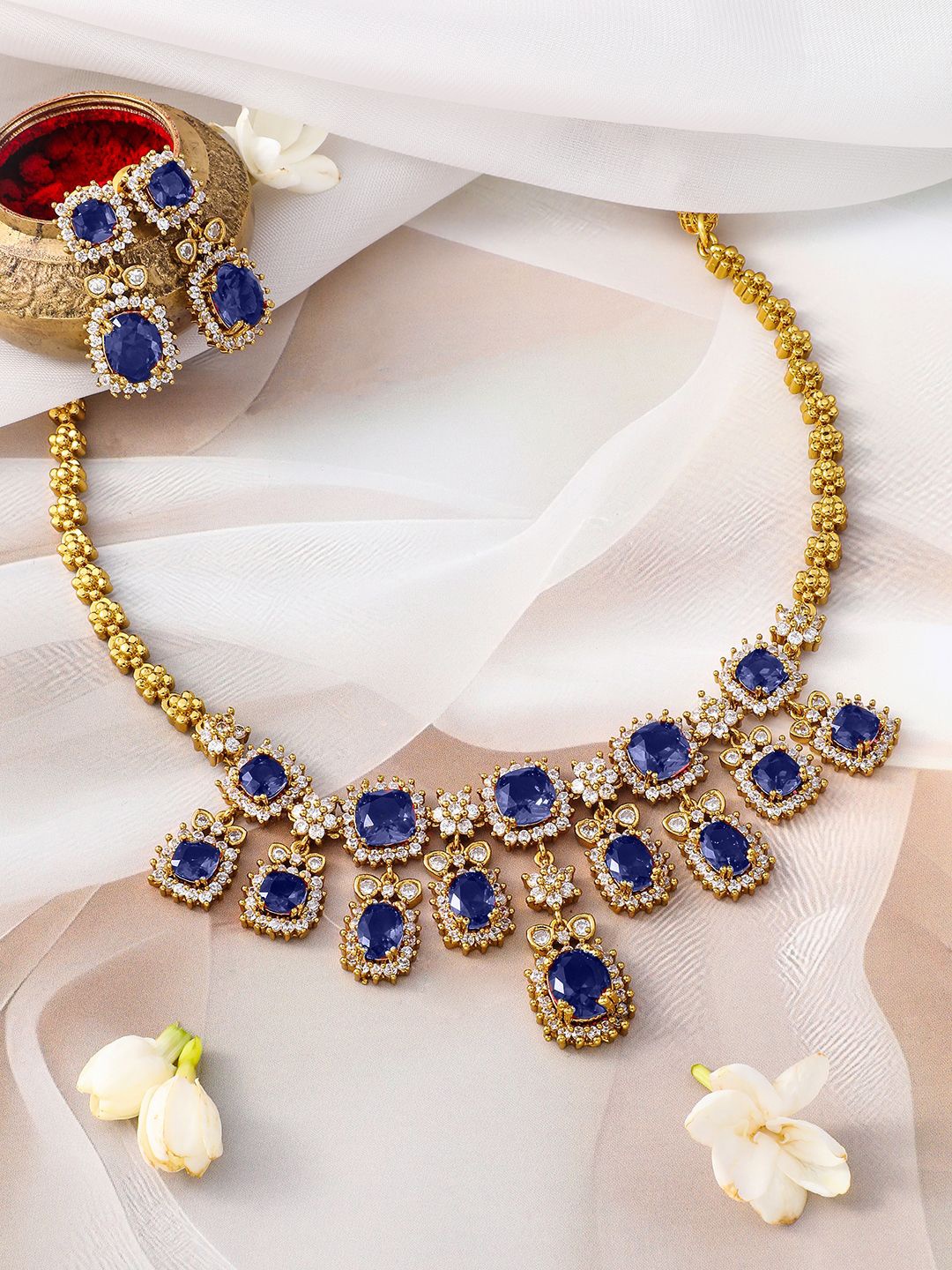 

Rubans 22K Gold-Plated Blue Sapphire Stone & Sparkling Cubic Zirconia Studded Necklace Set