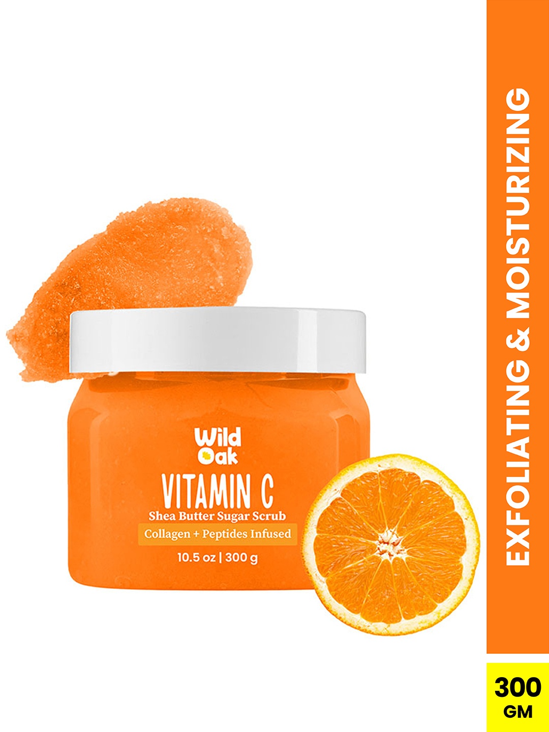 

Wild Oak Orange Vitamin C Shea Butter Sugar Body Scrub - Vegan Collagen & Peptides -300g, Peach