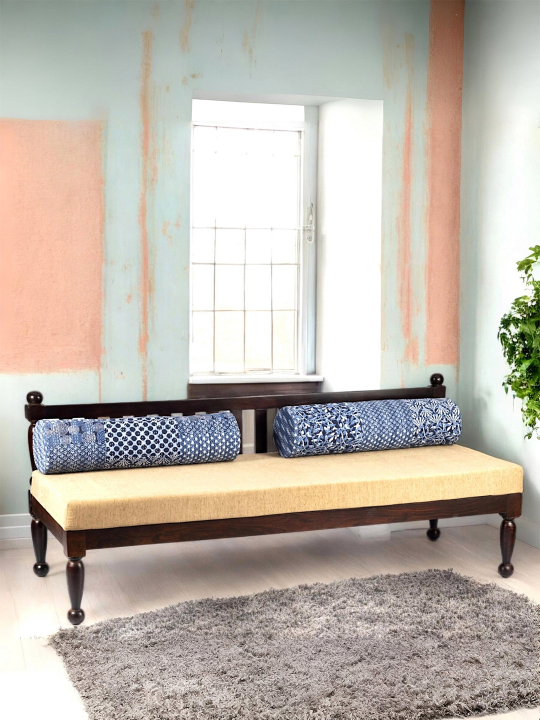 

Ikiriya Sheesham Wood Couch in Dark Walnut Finish with 2 Pillows in Indigo Kantha Fabric, Multi