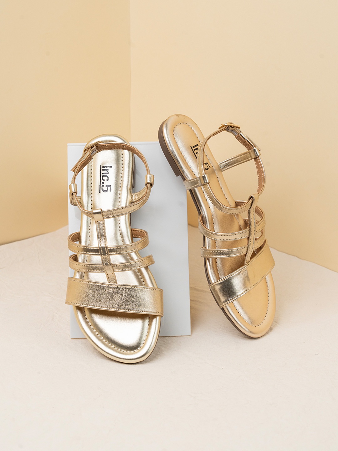 

Inc 5 Women Open Toe Flats with Buckles, Gold
