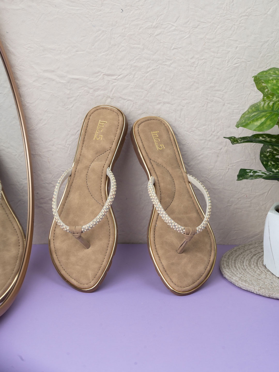 

Inc 5 Women Striped T-Strap Flats, Beige
