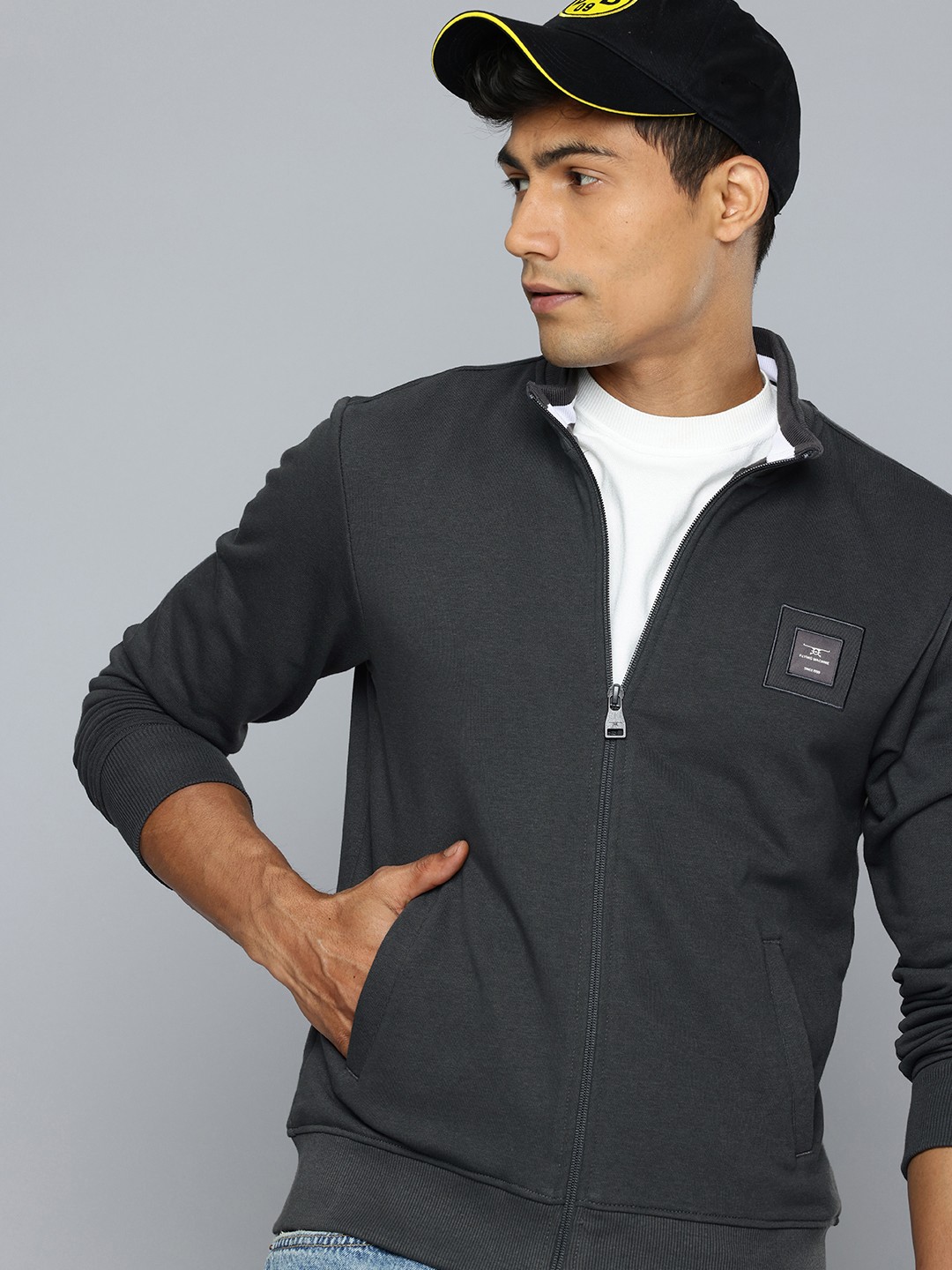 

Flying Machine Pure Cotton Mock Collar Sweatshirt, Grey