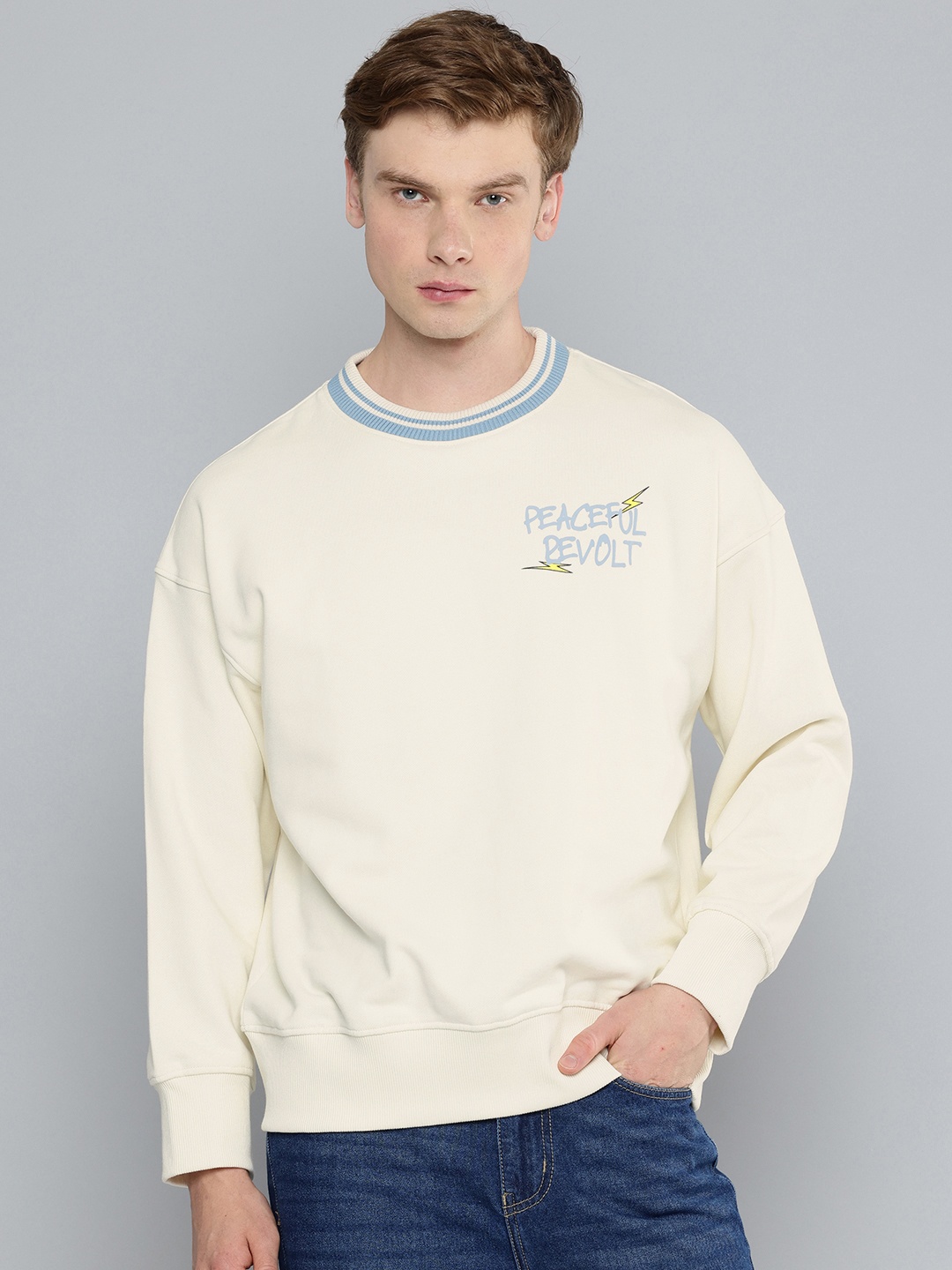 

Flying Machine Pure Cotton Typography Printed Oversized Sweatshirt, Off white