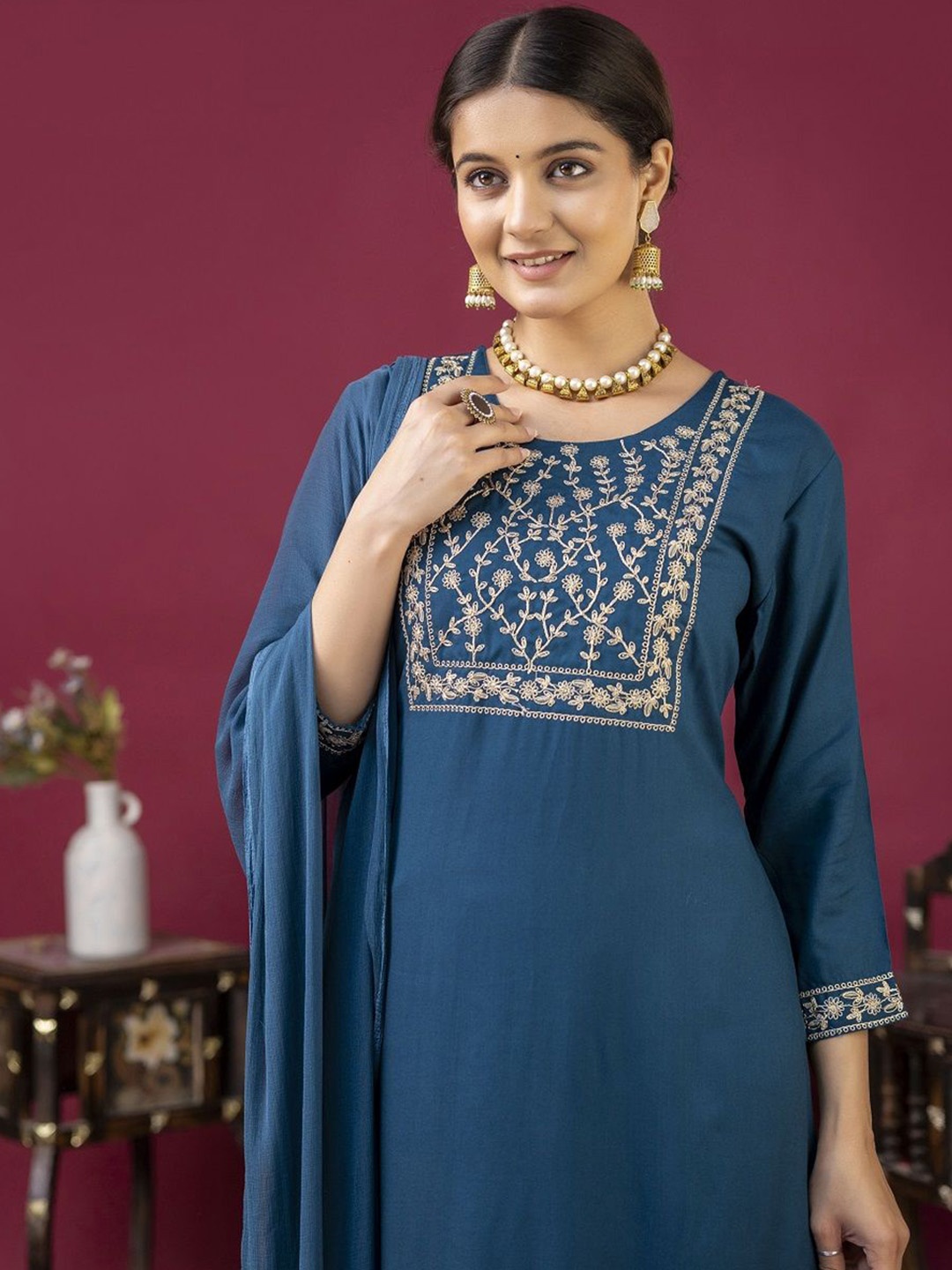 

Anouk Women Embroidered Regular Kurta with Trousers & With Dupatta, Blue