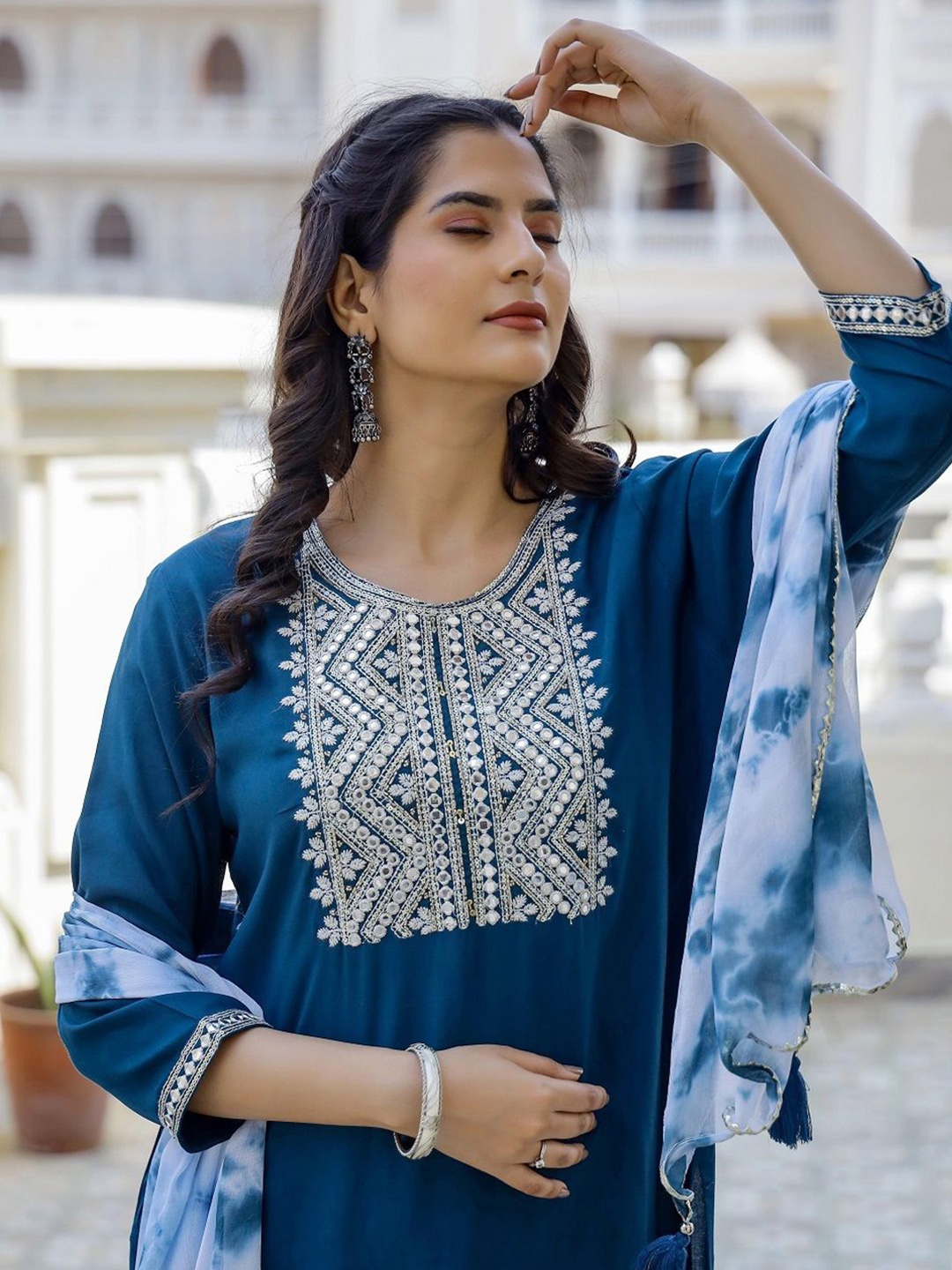 

Anouk Women Ethnic Motifs Embroidered Regular Mirror Work Kurta with Trousers & With Dupatta, Blue