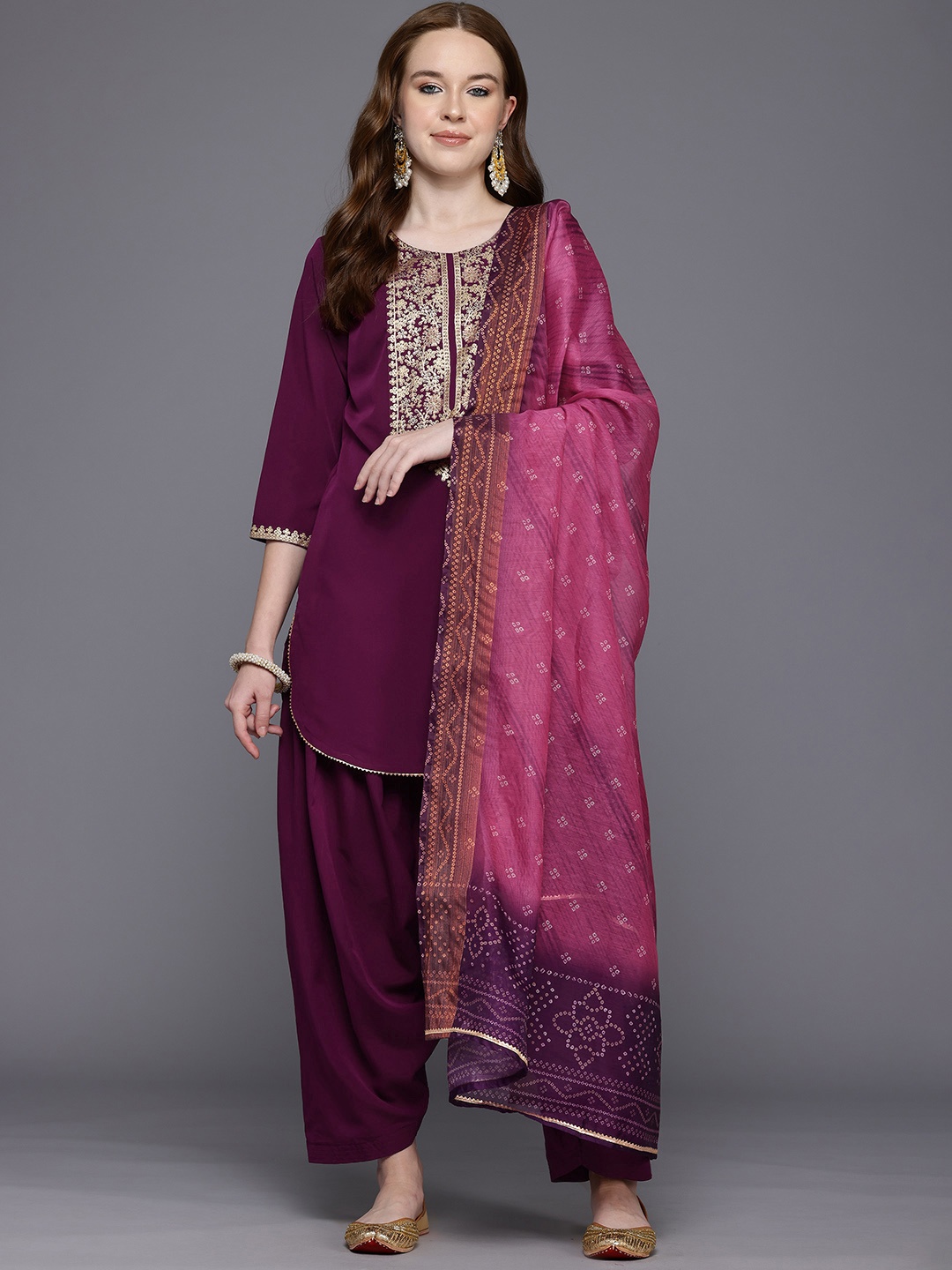 

Ahalyaa Bandhani Printed Gotta Patti Kurti With Salwar & Dupatta, Purple