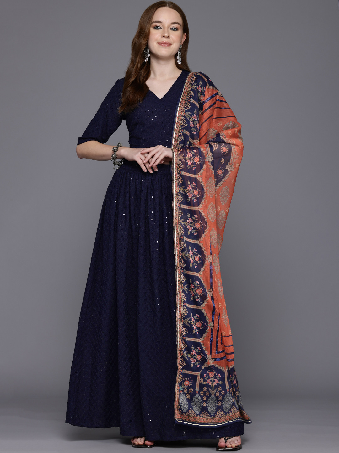 

Ahalyaa Embroidered Sequinned Ready to Wear Lehenga & Blouse With Dupatta, Navy blue