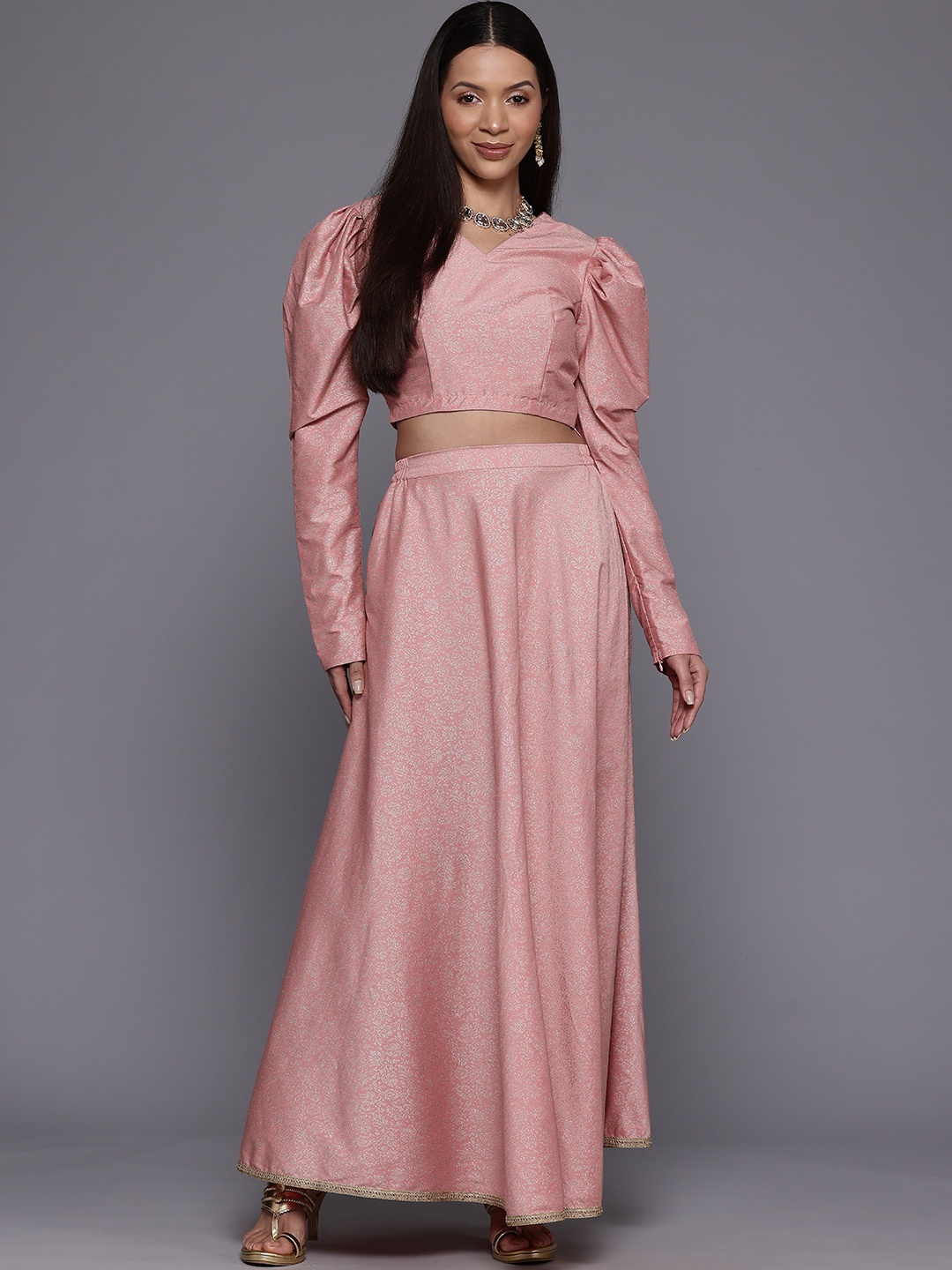 Ahalyaa Women Floral Printed Long Sleeves Top And Skirt, Pink