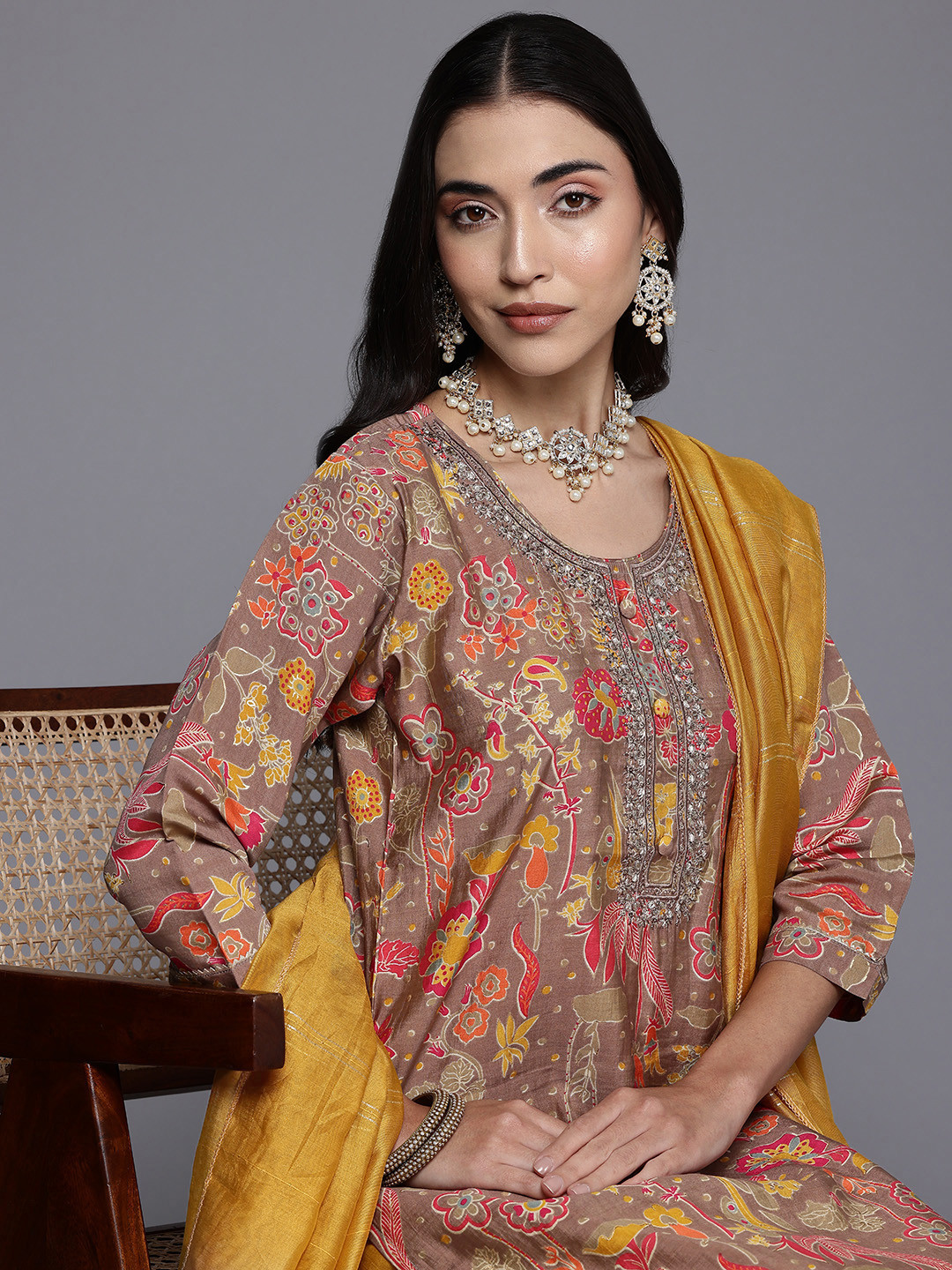 

Varanga Floral Printed Thread Work Kurta with Trousers & With Dupatta, Camel brown