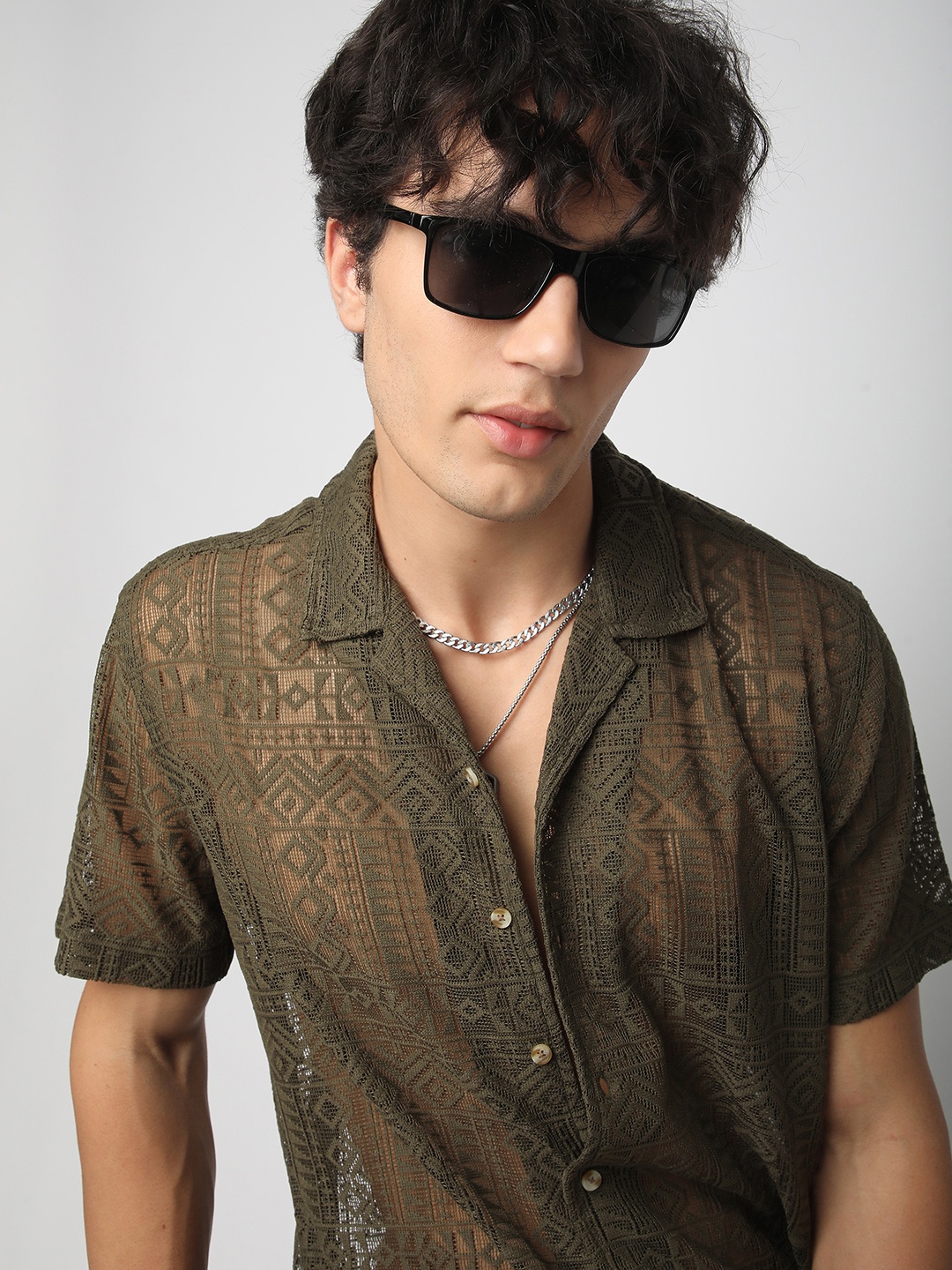 VASTRADO Men Classic Lapel Collar Solid Oversized Casual Shirt, Olive
