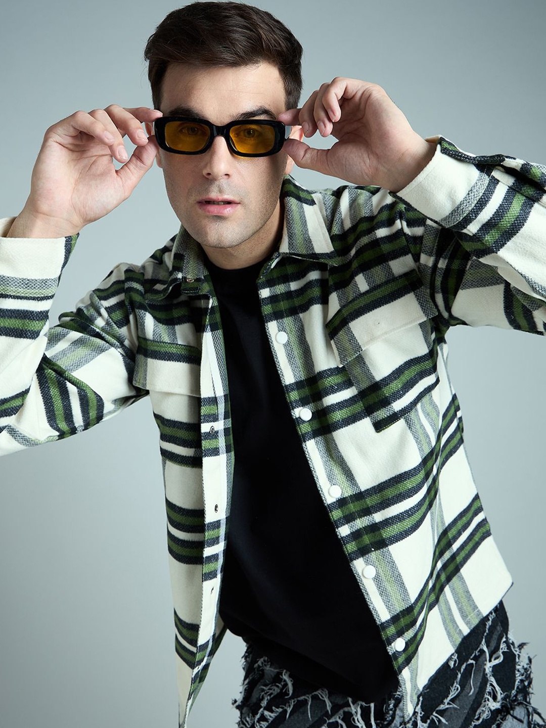 FUGAZEE Men Relaxed Spread Collar Checked Cotton Oversized Casual Shirt, White