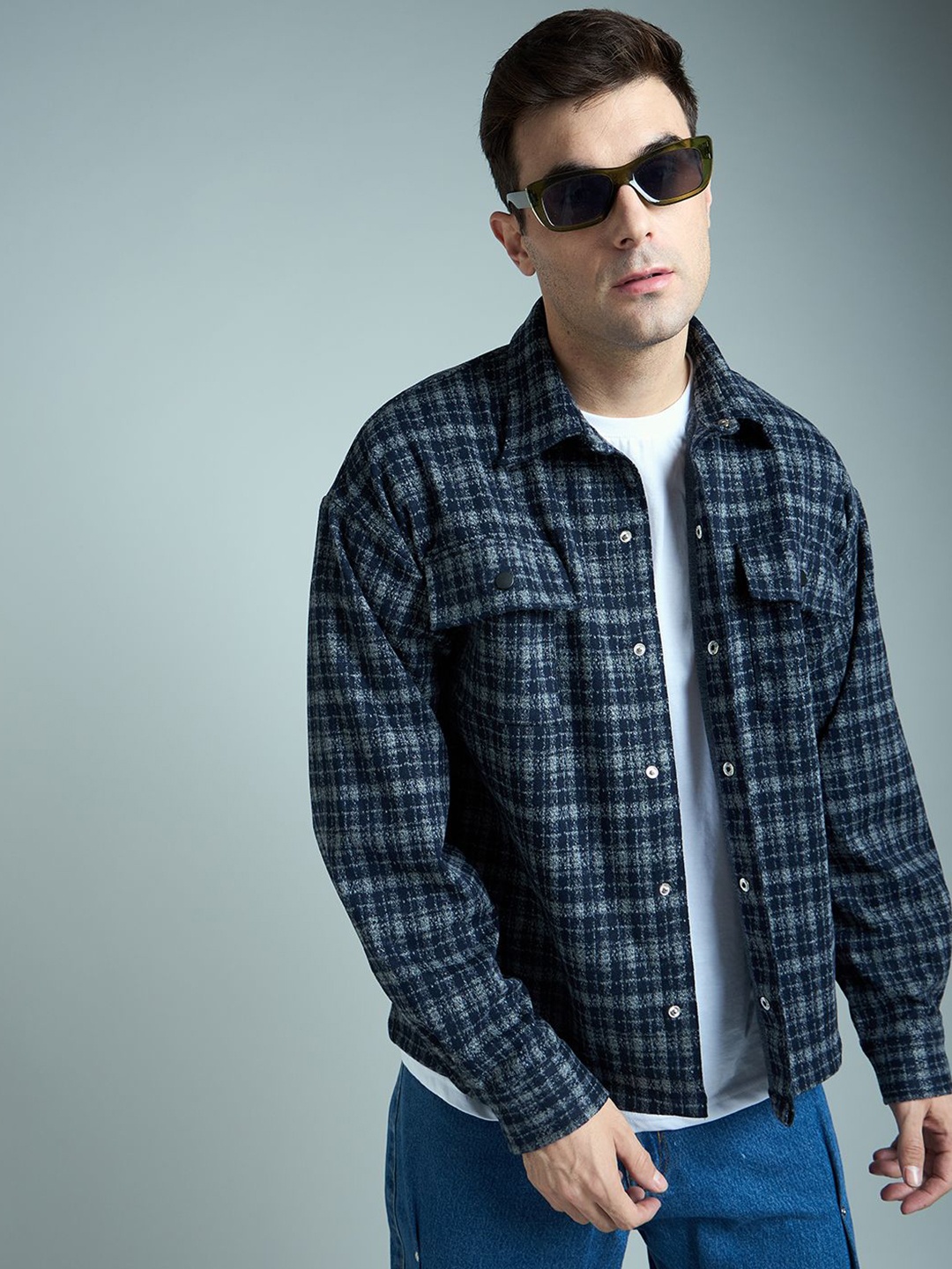FUGAZEE Men Relaxed Spread Collar Checked Cotton Oversized Casual Shirt, Blue