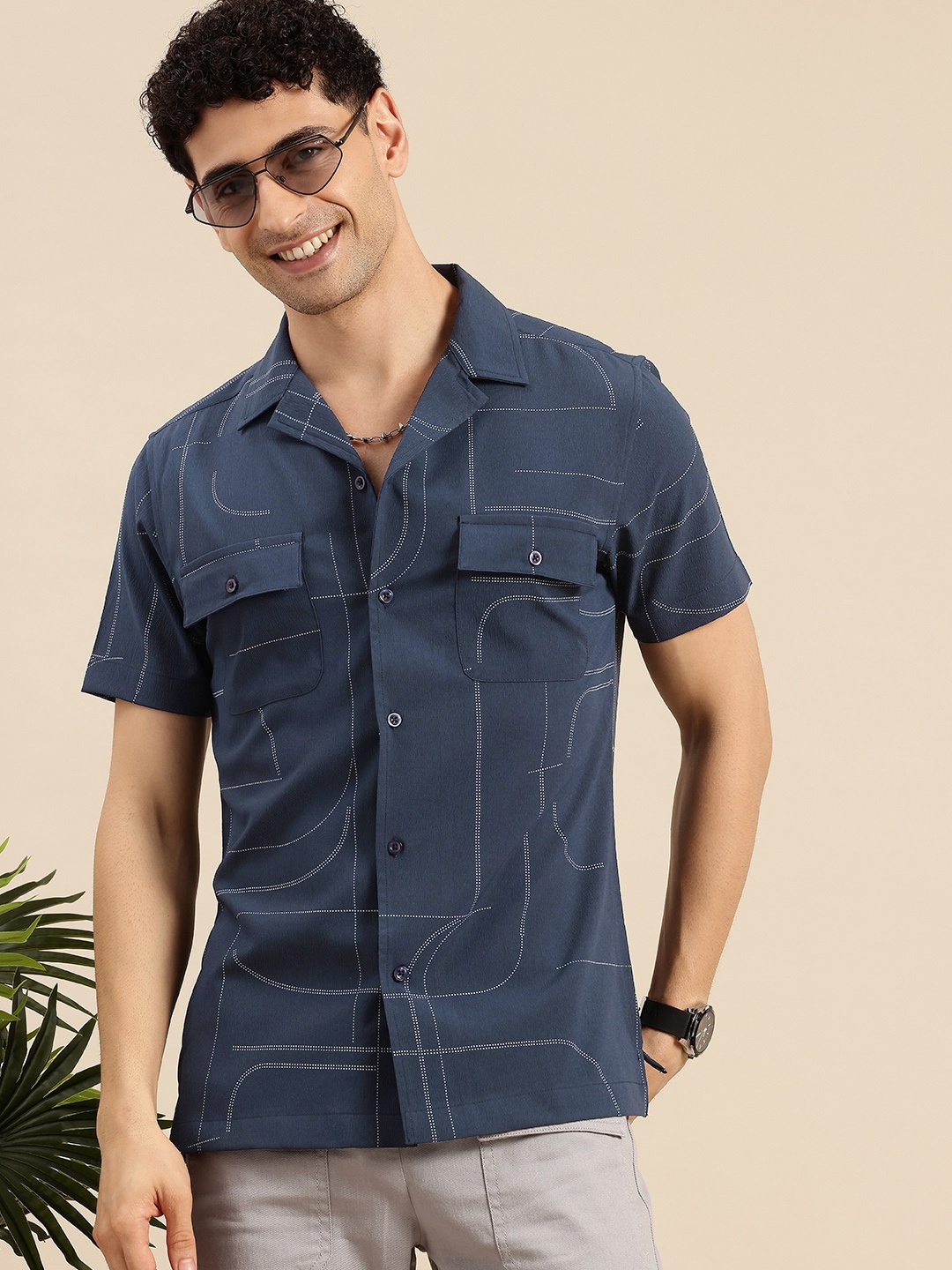 

Mast & Harbour Men Standard Printed Cuban Collar Casual Shirt, Navy blue