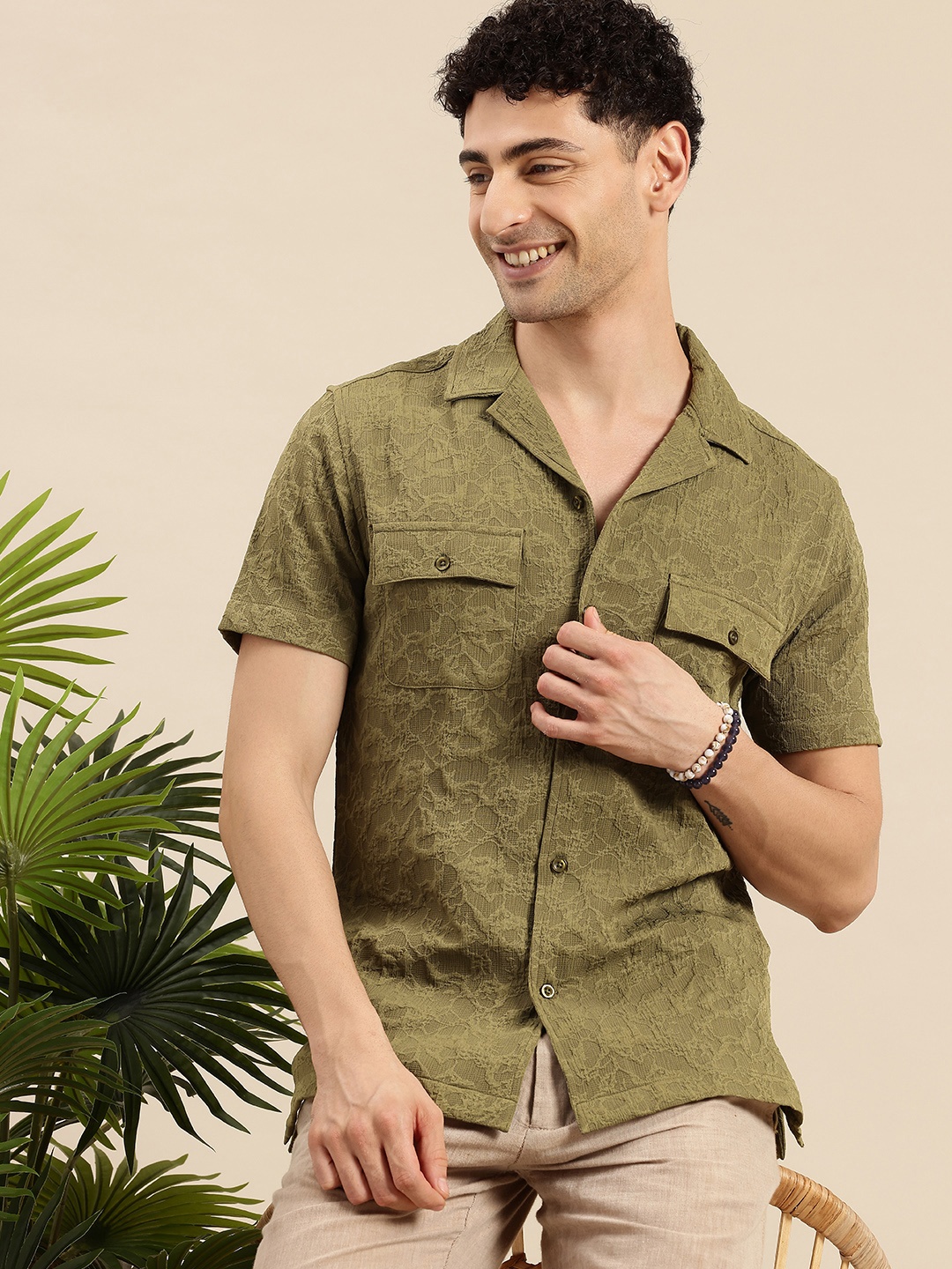 

Mast & Harbour Men Standard Self Design Cuban Collar Casual Shirt, Green