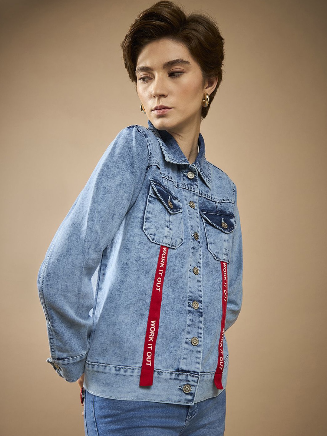 

DOLCE CRUDO Women Washed Denim Jacket with Patchwork, Blue