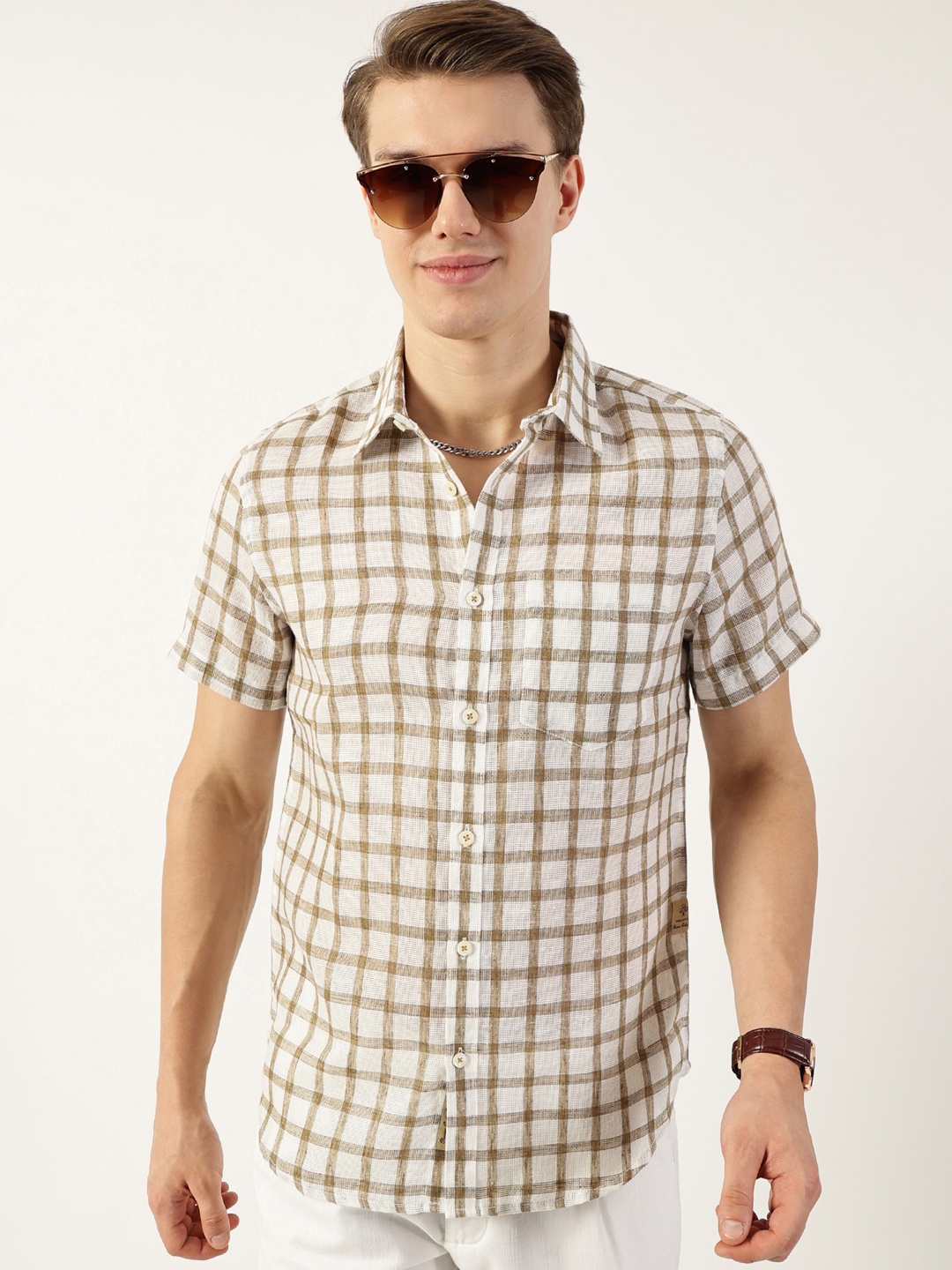 

Thomas Scott Men Premium Spread Collar Checked Linen Slim Fit Casual Shirt, Brown