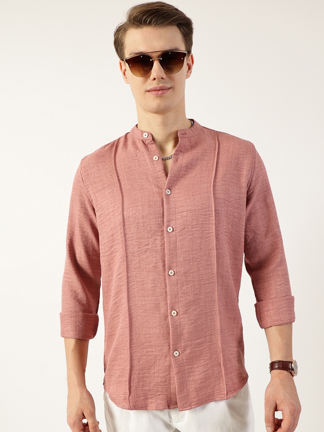 

Thomas Scott Men Premium Mandarin Collar Textured Solid Slim Fit Casual Shirt, Pink
