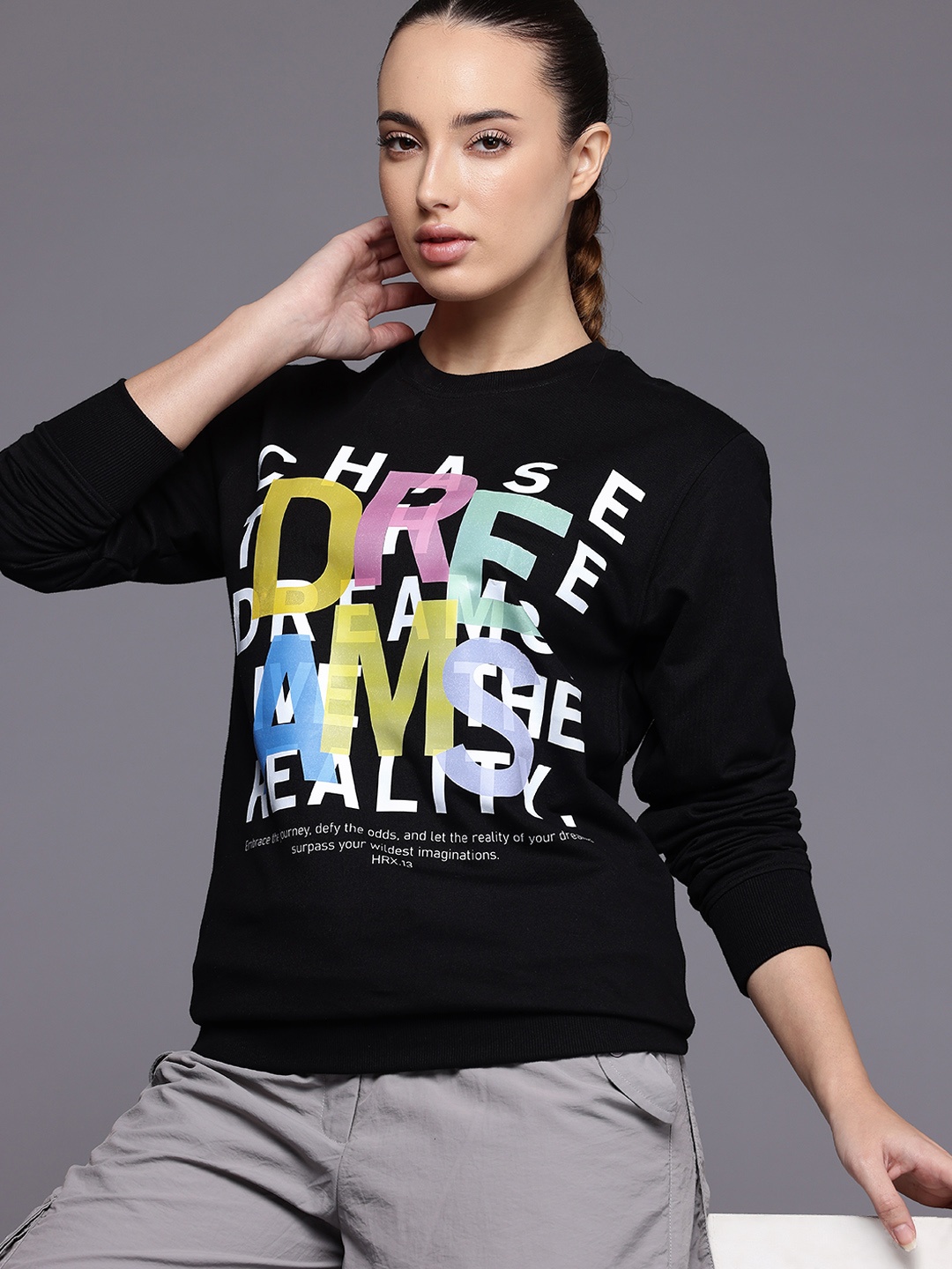 

HRX by Hrithik Roshan Typography Printed Oversized Sweatshirt, Black