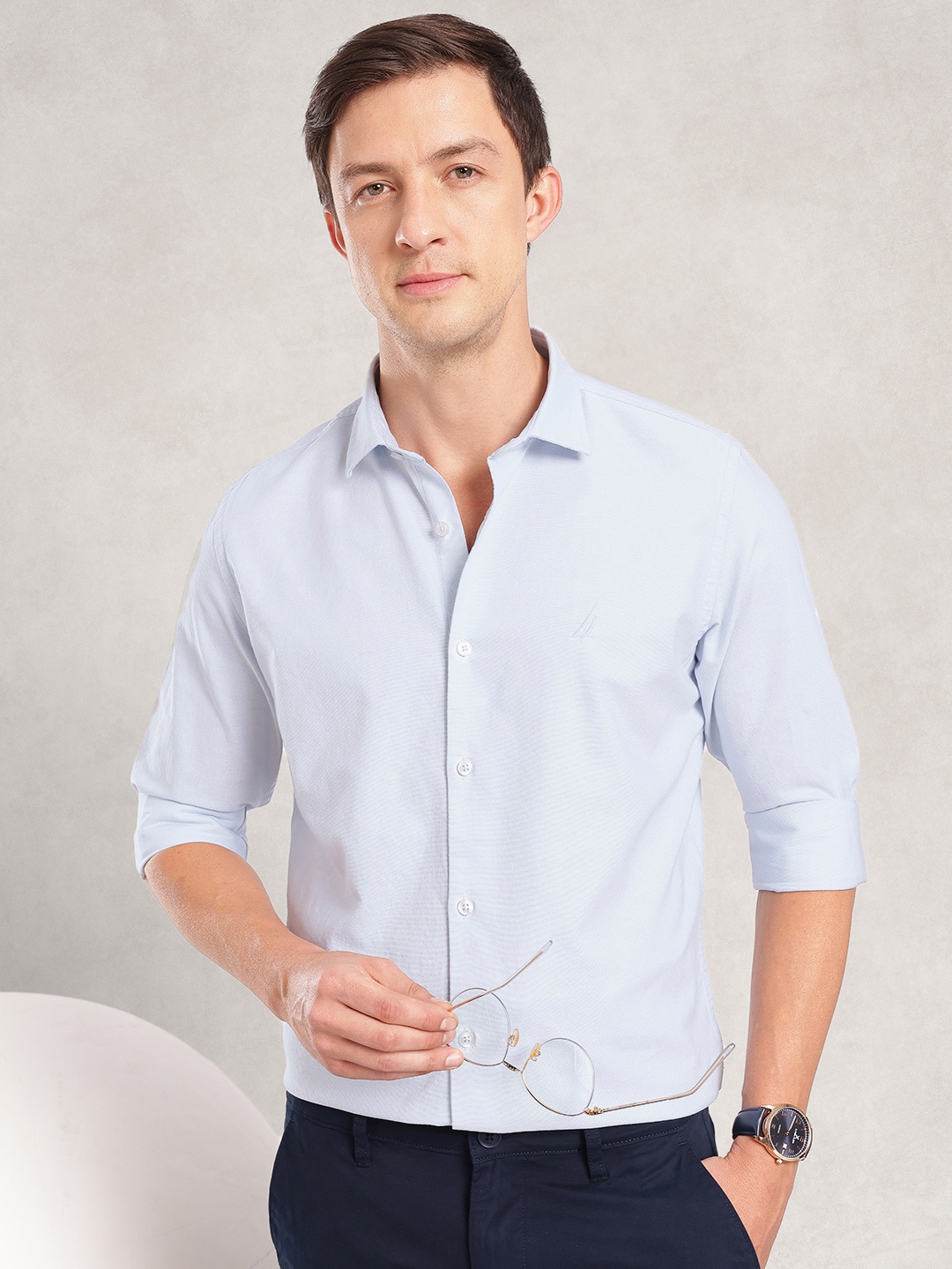 

Nautica Classic Fit Pure Cotton Water Repellent Casual Shirt, Blue