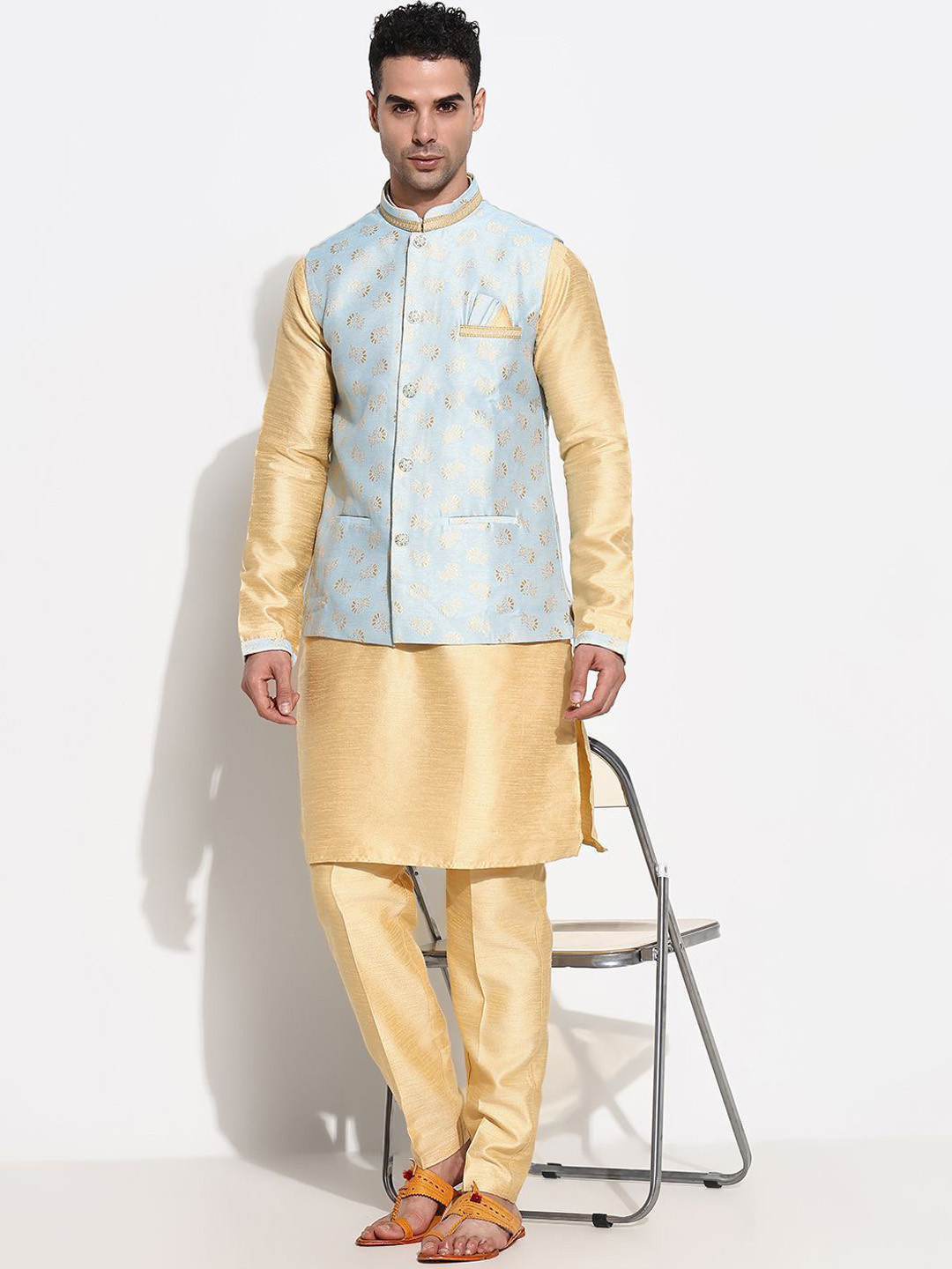 

SHOWOFF Men Regular Raw Silk Kurta with Trousers, Beige