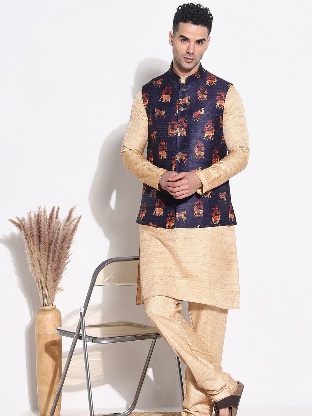 

SHOWOFF Men Regular Raw Silk Kurta with Trousers, Beige