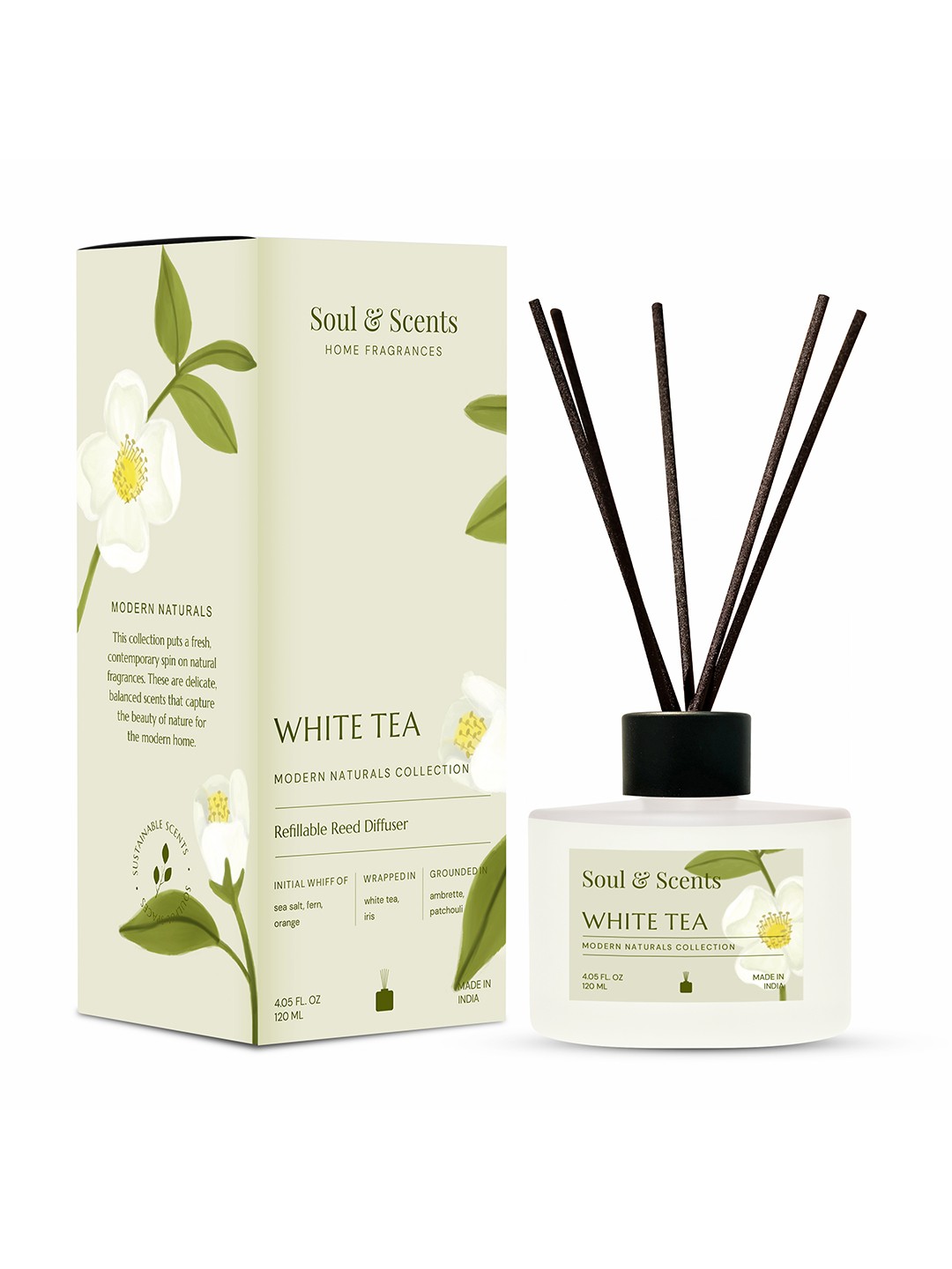 

SOUL & SCENTS White Tea Fragrance Reed Diffuser With 6 Pieces Reed Sticks 120 ml, Beige