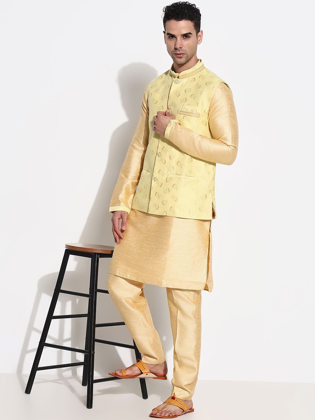 

SHOWOFF Men Regular Raw Silk Kurta with Trousers, Beige