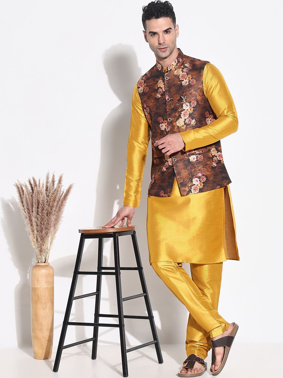 

SHOWOFF Men Regular Raw Silk Kurta with Trousers, Mustard