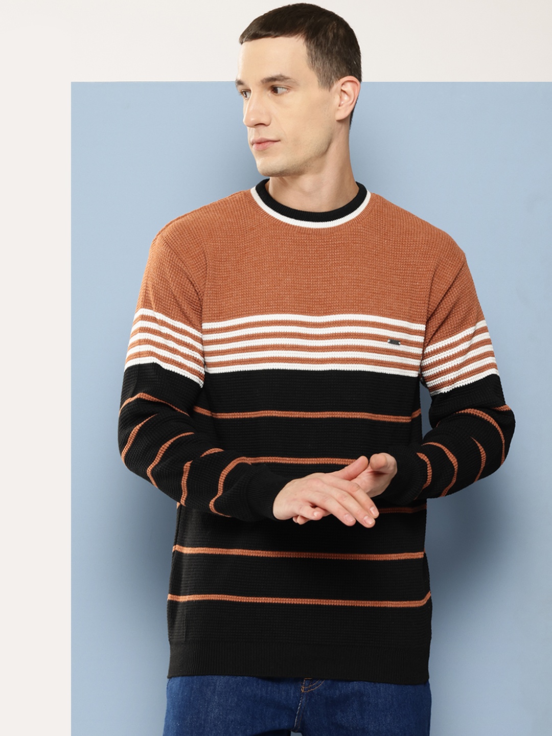 

Aarika Men Striped Woollen Pullover, Brown