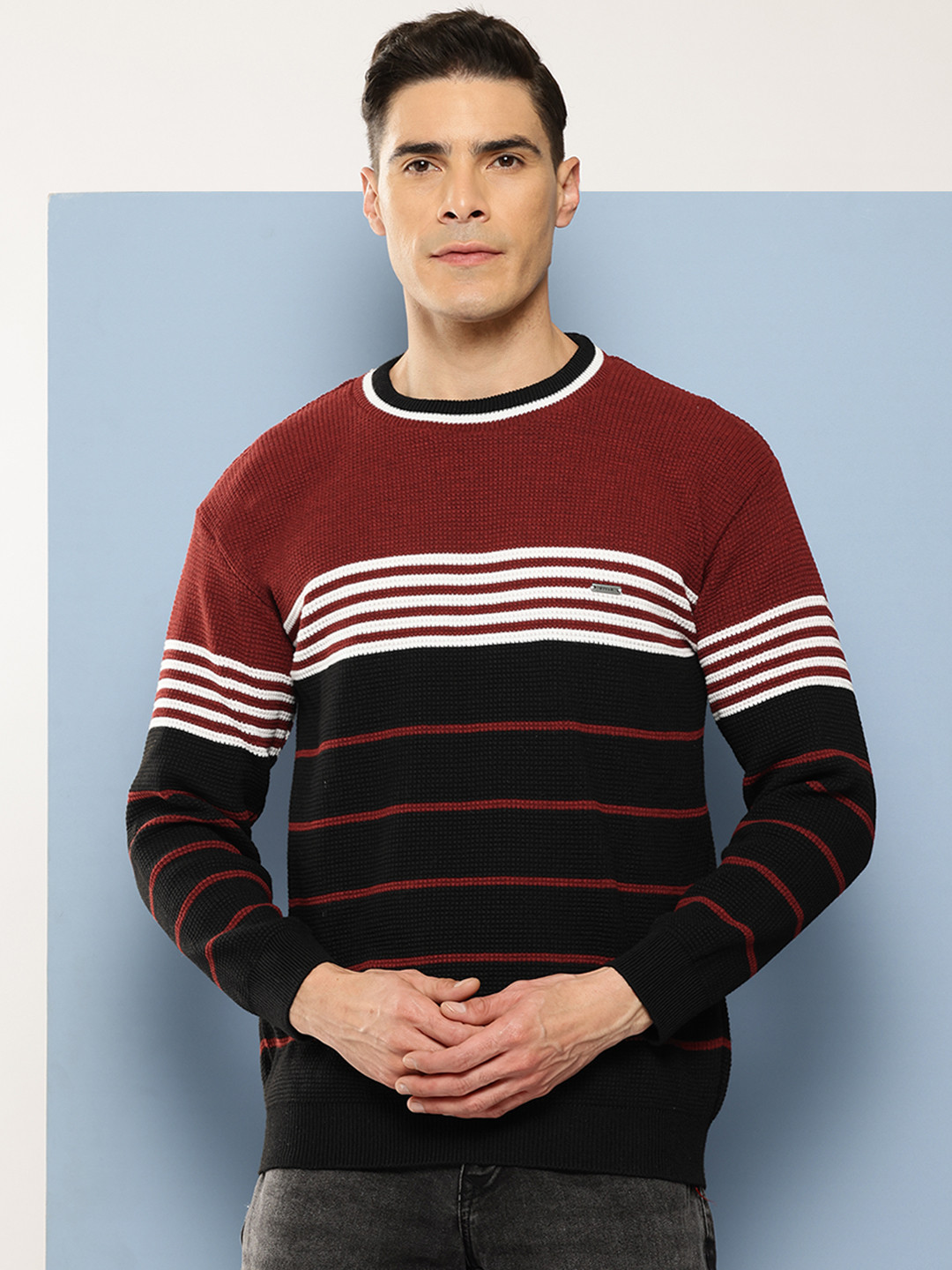 

Aarika Men Striped Woollen Pullover, Maroon