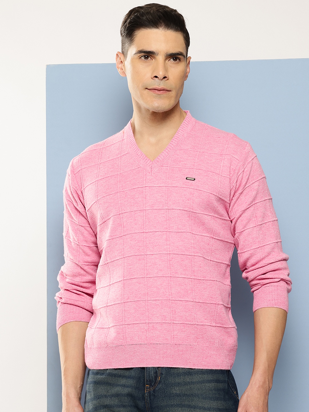 

Aarika Men Checked Woollen Cardigan, Pink