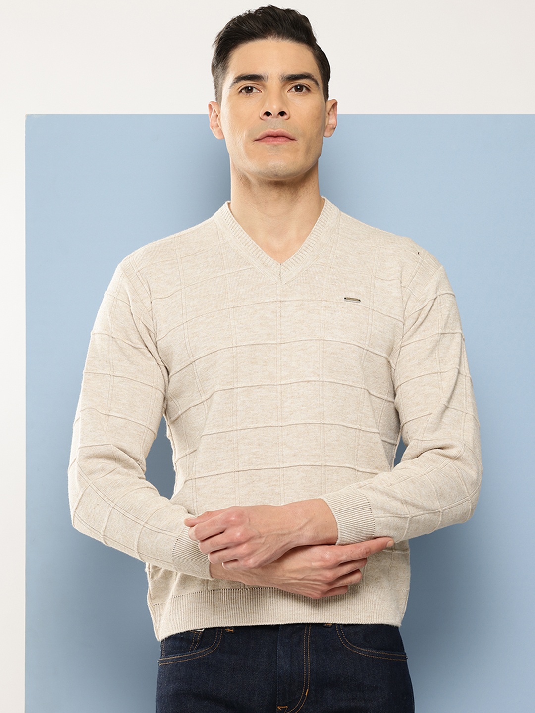 

Aarika Men Checked Woollen Pullover, Cream