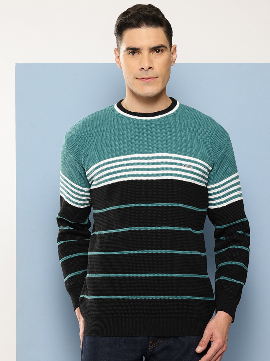 

Aarika Men Striped Woollen Pullover, Green