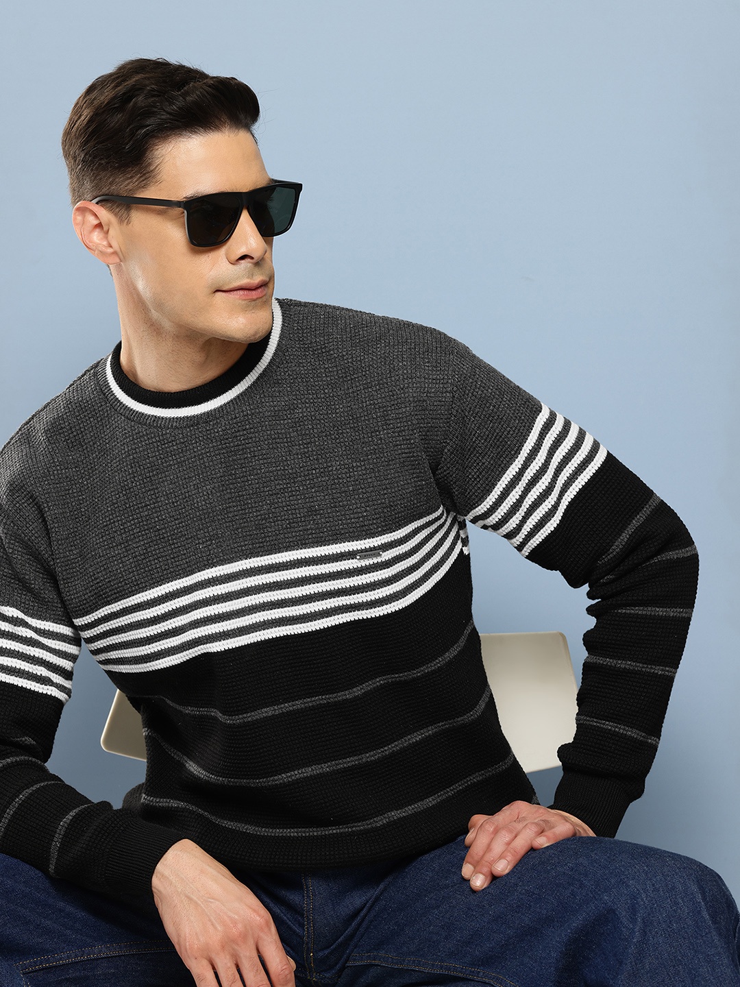 

Aarika Men Striped Woollen Pullover, Grey